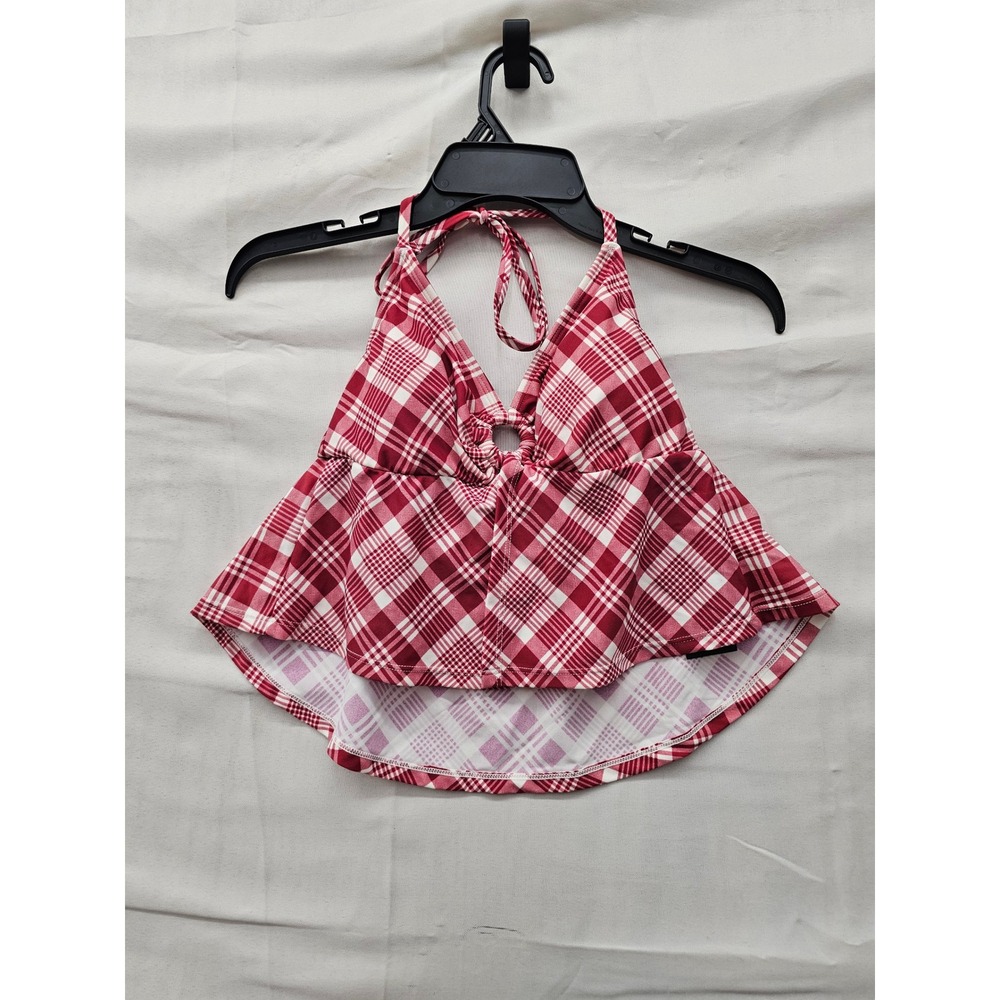 Wild Fable Womens Plaid Halter Tankini Top Red Nylon Blend Casual Size Medium
